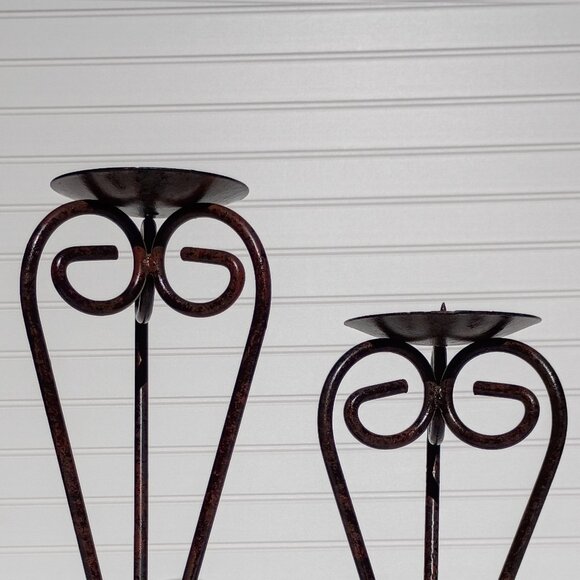 Pair of Wrought Iron Candle Holders Bronze Scroll French Country Candlesticks - Picture 8 of 16